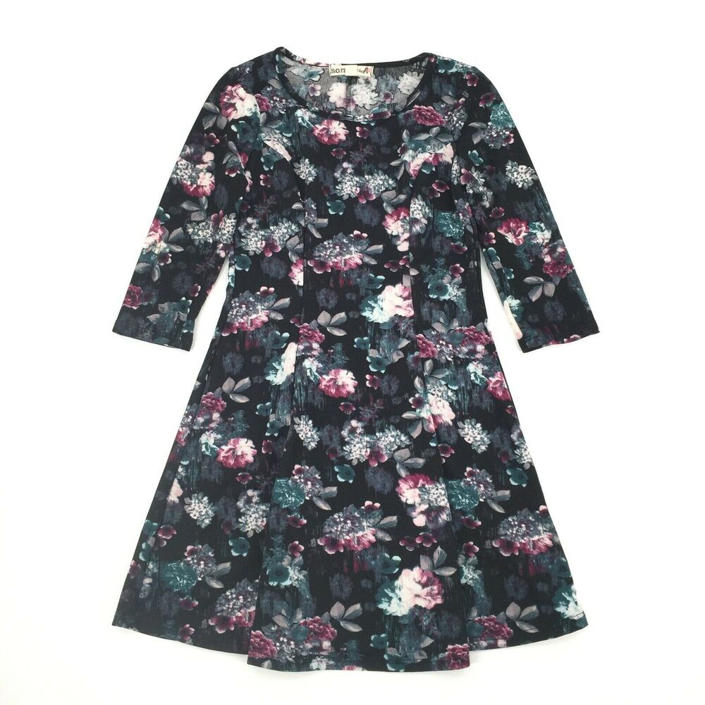 So Rad By ATV Round Neck Rose Floral Print Skater Dress Extra Small Pink Black